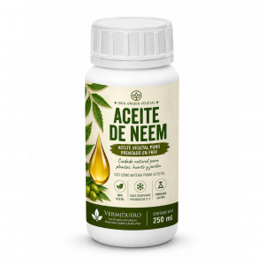 Aceite de Neem Vermiduero en botella blanca para plantas huerto y jardín